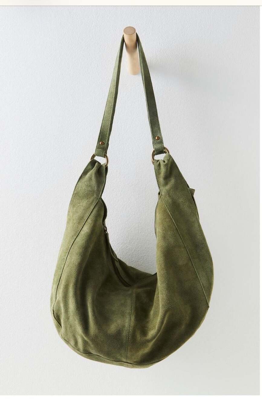 Current $98! Free People Roma Suede Tote Olive Green Hobo Handbag - Picture 3 of 7